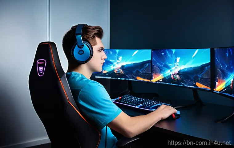 AMD와 Intel CPU 성능 차이 - **Gaming Excellence:** "A vibrant and immersive image of a young male gamer, approximately 18-22 yea...