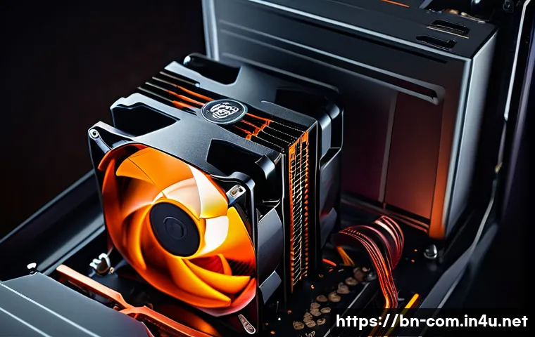 고성능 CPU 쿨러 추천 - A detailed close-up illustration of an air CPU cooler installed inside a computer case, featuring on...